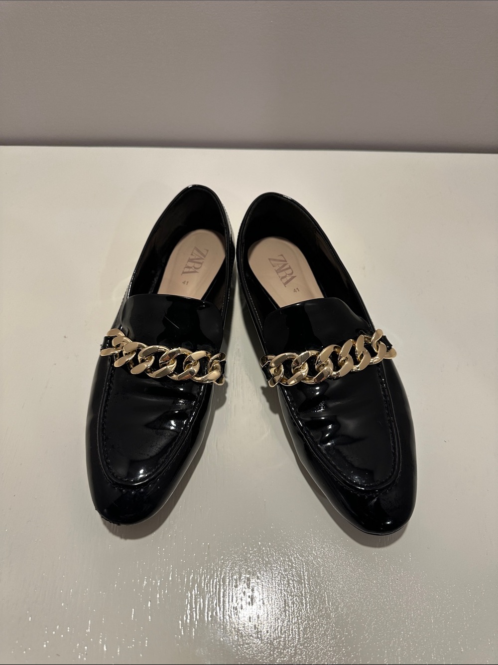 Zara Black Patent Loafers with Gold Chain Accent